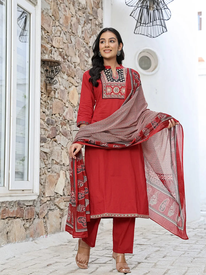 Maroon Cotton Mandarin Collar Kurta Dupatta Set-Yufta Store-6512SKDMRM