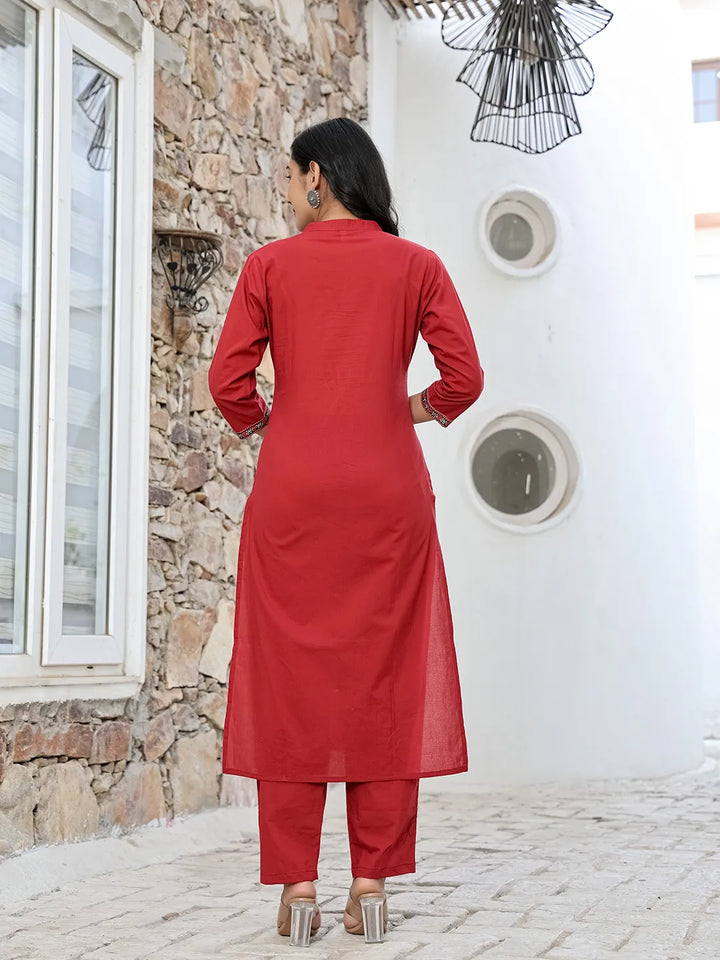 Maroon Cotton Mandarin Collar Kurta Dupatta Set-Yufta Store-6512SKDMRM