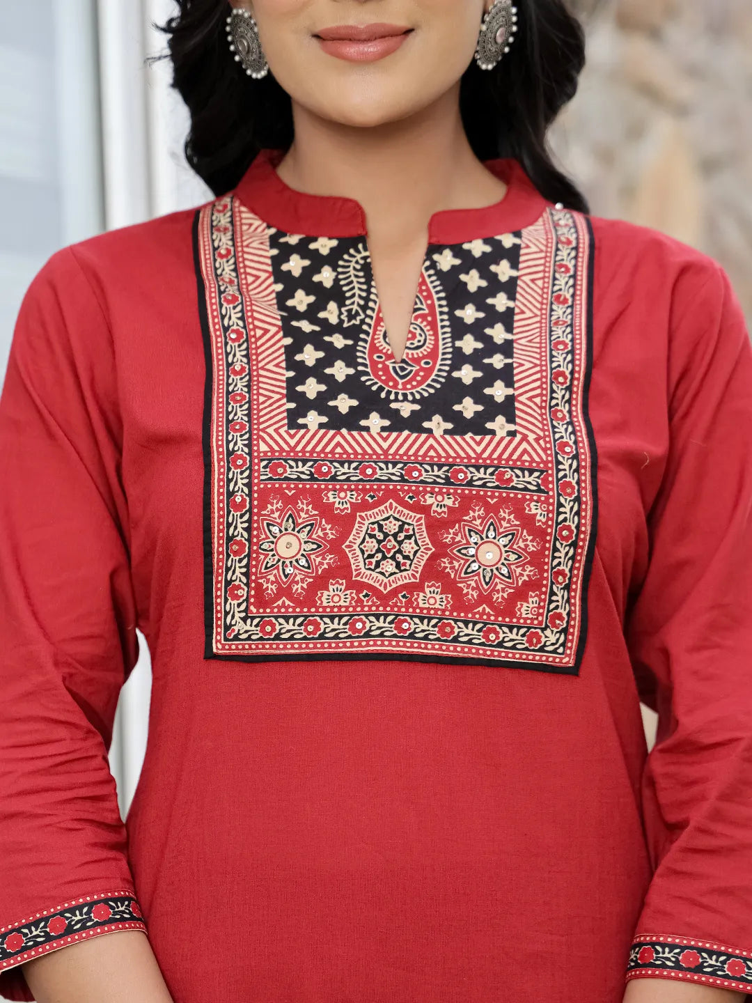 Maroon Cotton Mandarin Collar Kurta Dupatta Set-Yufta Store-6512SKDMRM