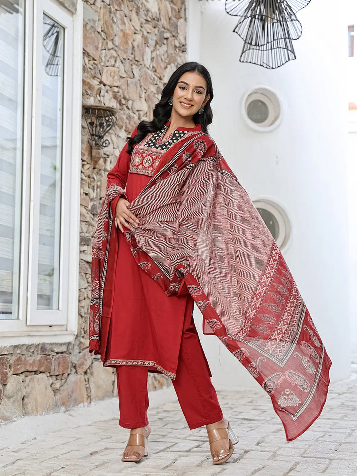 Maroon Cotton Mandarin Collar Kurta Dupatta Set-Yufta Store-6512SKDMRM