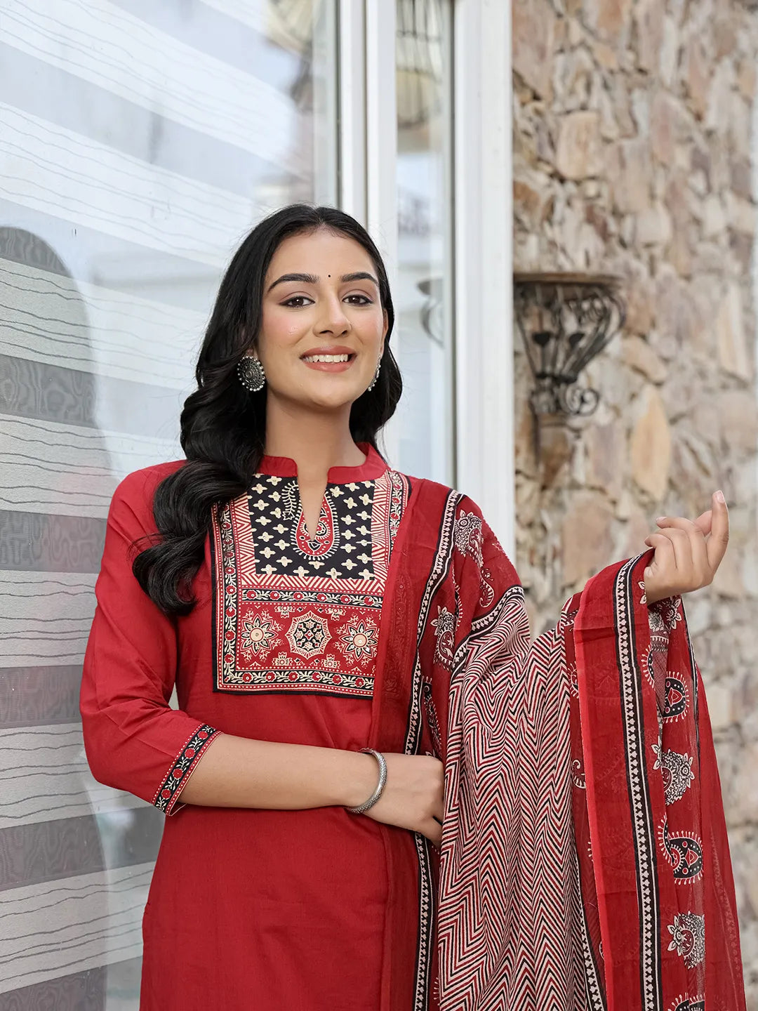 Maroon Cotton Mandarin Collar Kurta Dupatta Set-Yufta Store-6512SKDMRM