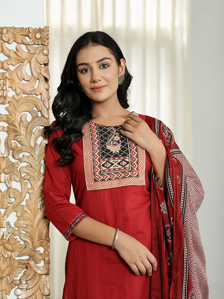 Maroon Cotton Sequins_Work Straight Kurta Set-Yufta Store-6511SKDMRM