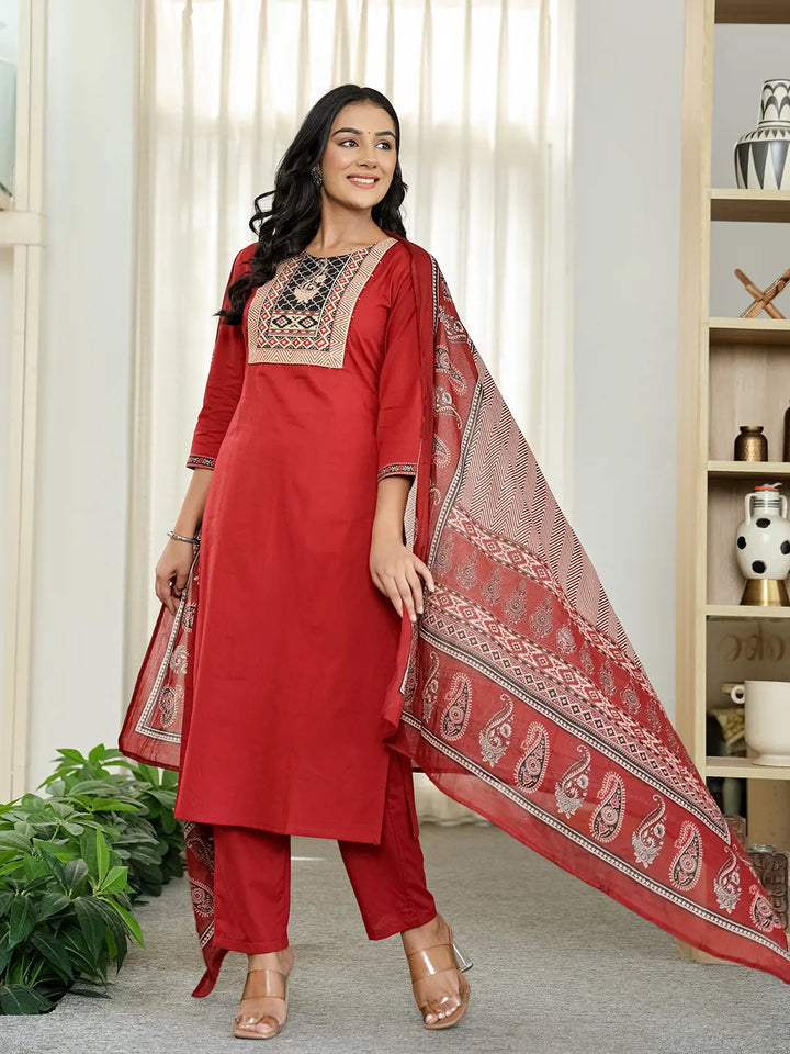 Maroon Cotton Sequins_Work Straight Kurta Set-Yufta Store-6511SKDMRM
