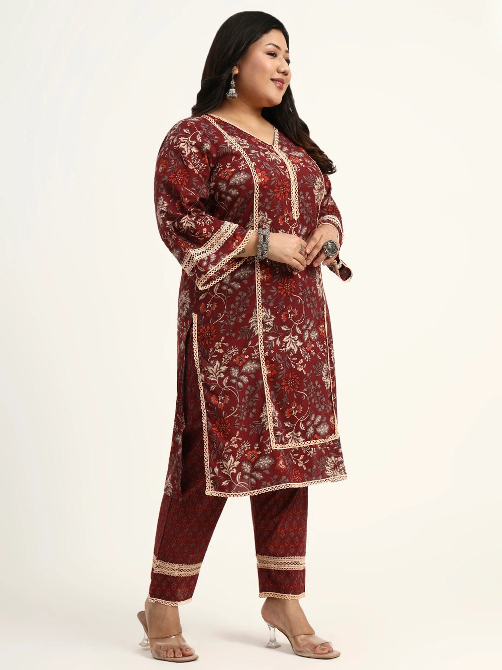 Maroon Cotton Straight Kurta Dupatta Set (Plus Size)-Yufta Store-1809PSKDMR3XL