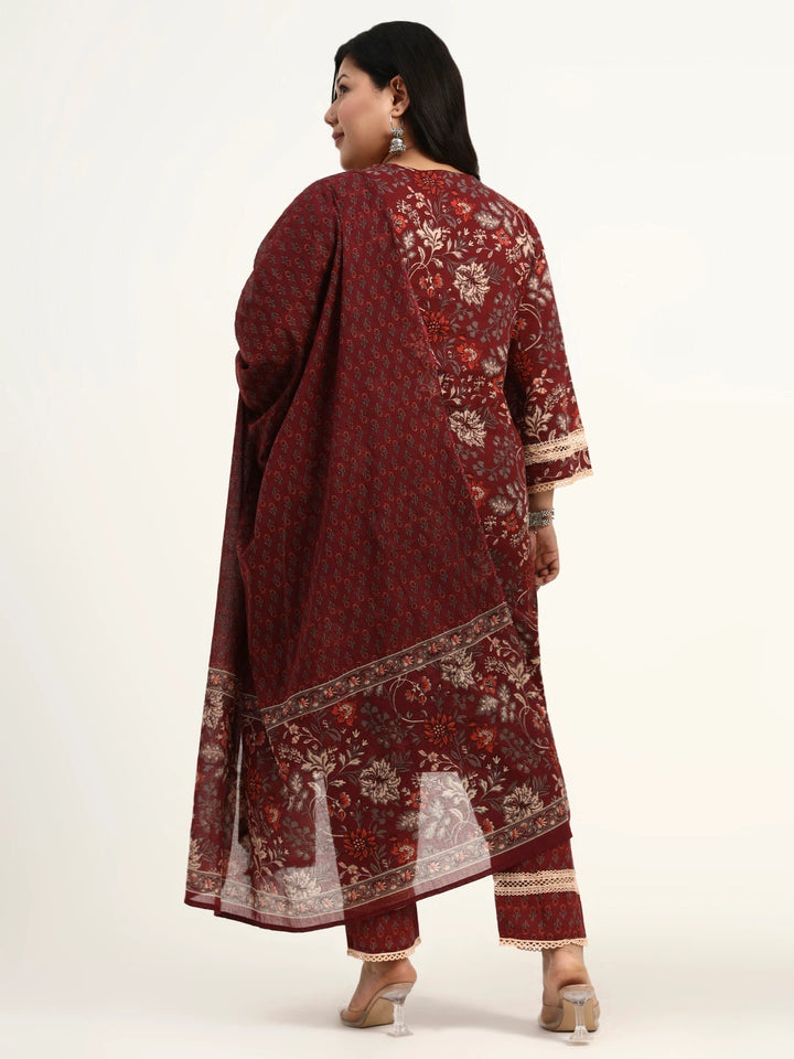 Maroon Cotton Straight Kurta Dupatta Set (Plus Size)-Yufta Store-1809PSKDMR3XL