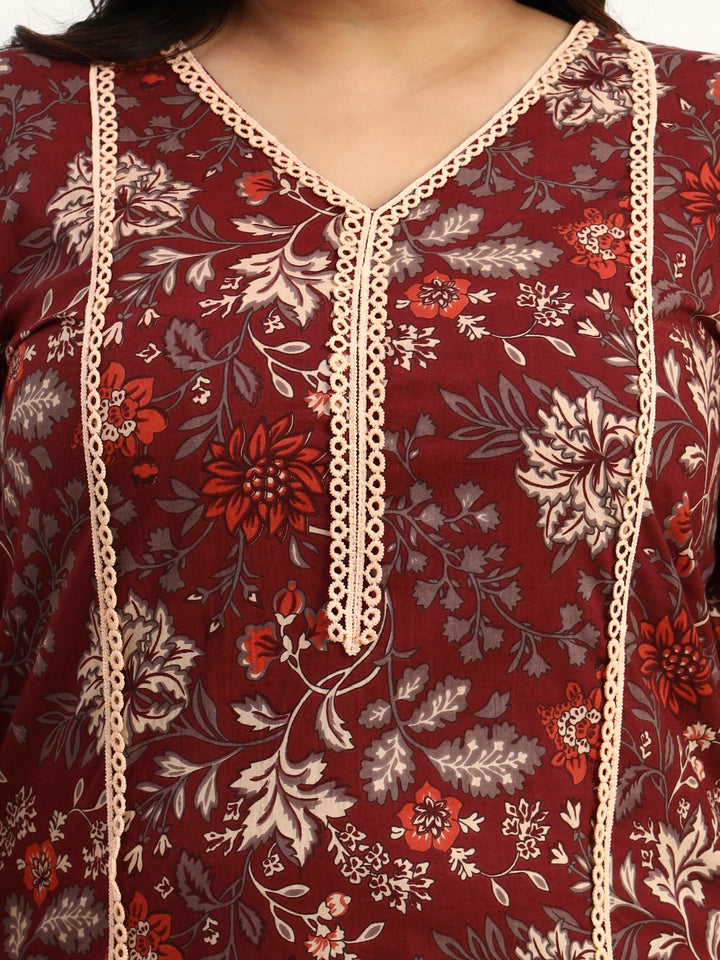 Maroon Cotton Straight Kurta Dupatta Set (Plus Size)-Yufta Store-1809PSKDMR3XL