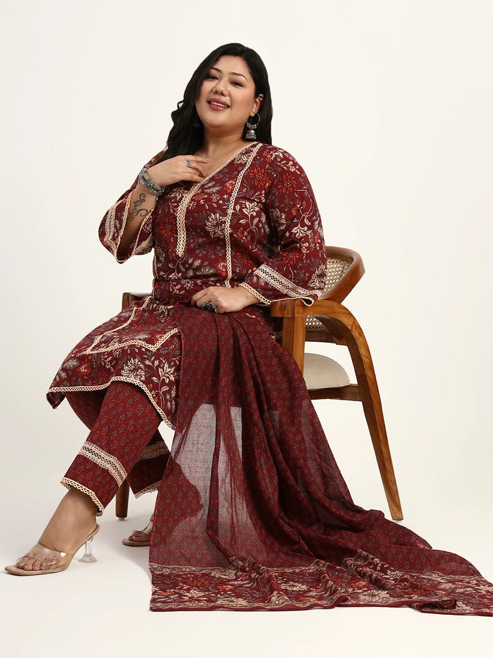 Maroon Cotton Straight Kurta Dupatta Set (Plus Size)-Yufta Store-1809PSKDMR3XL
