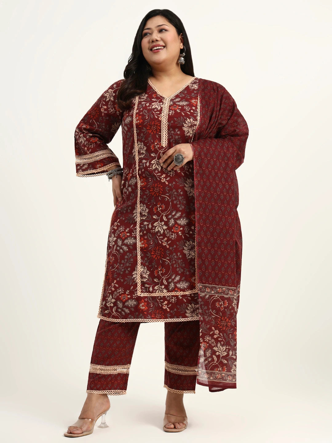 Maroon Cotton Straight Kurta Dupatta Set (Plus Size)-Yufta Store-1809PSKDMR3XL