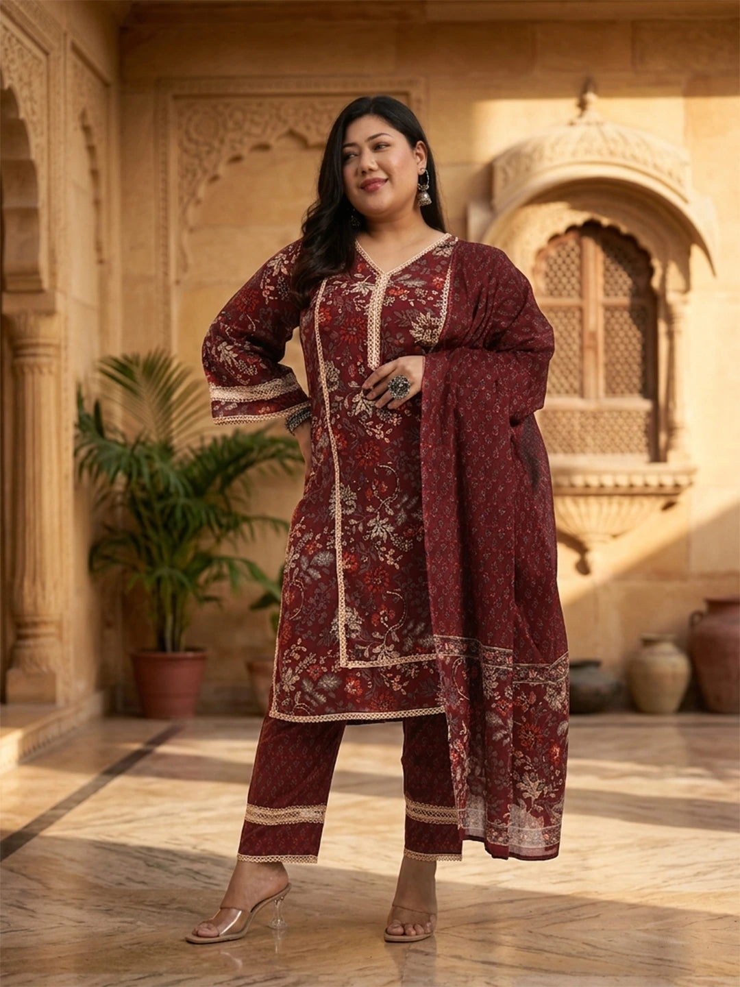 Maroon Cotton Straight Kurta Dupatta Set (Plus Size)-Yufta Store-1809PSKDMR3XL