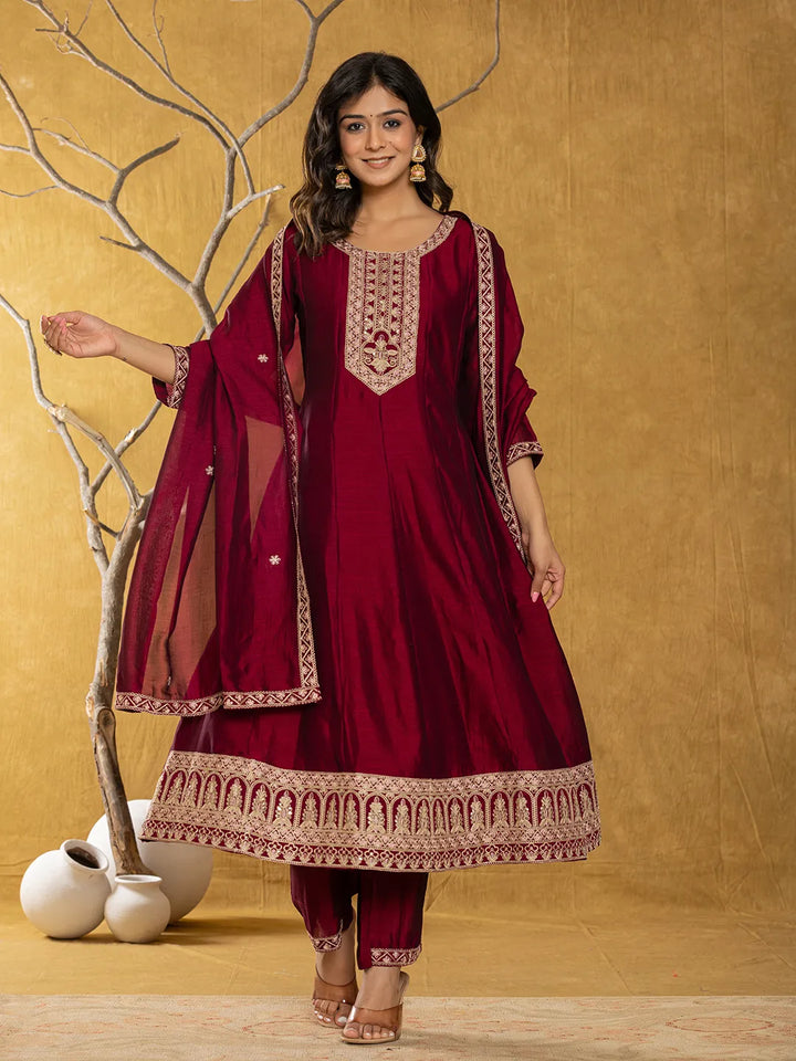 Maroon Embroidered Anarkali Kurta Dupatta Set With Cotton Lining-Yufta Store-1818SKDMRS