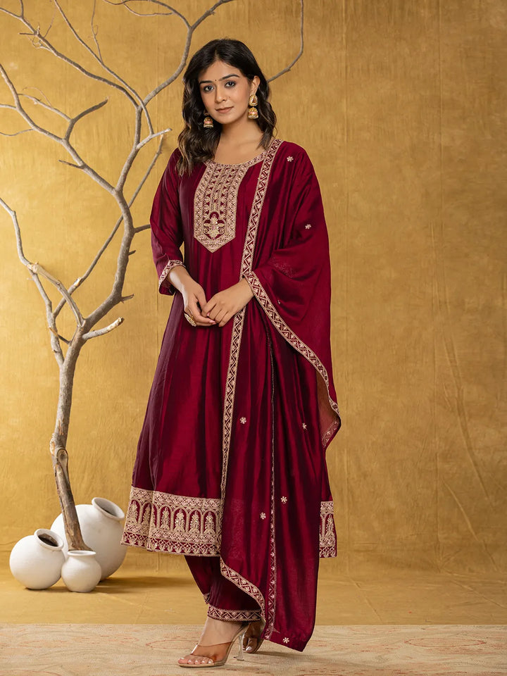 Maroon Embroidered Anarkali Kurta Dupatta Set With Cotton Lining-Yufta Store-1818SKDMRS