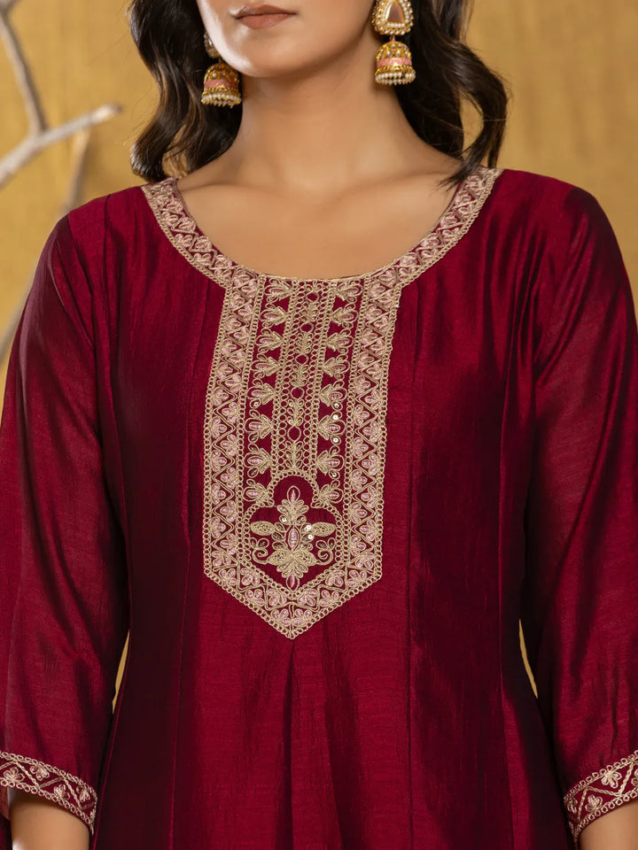 Maroon Embroidered Anarkali Kurta Dupatta Set With Cotton Lining-Yufta Store-1818SKDMRS