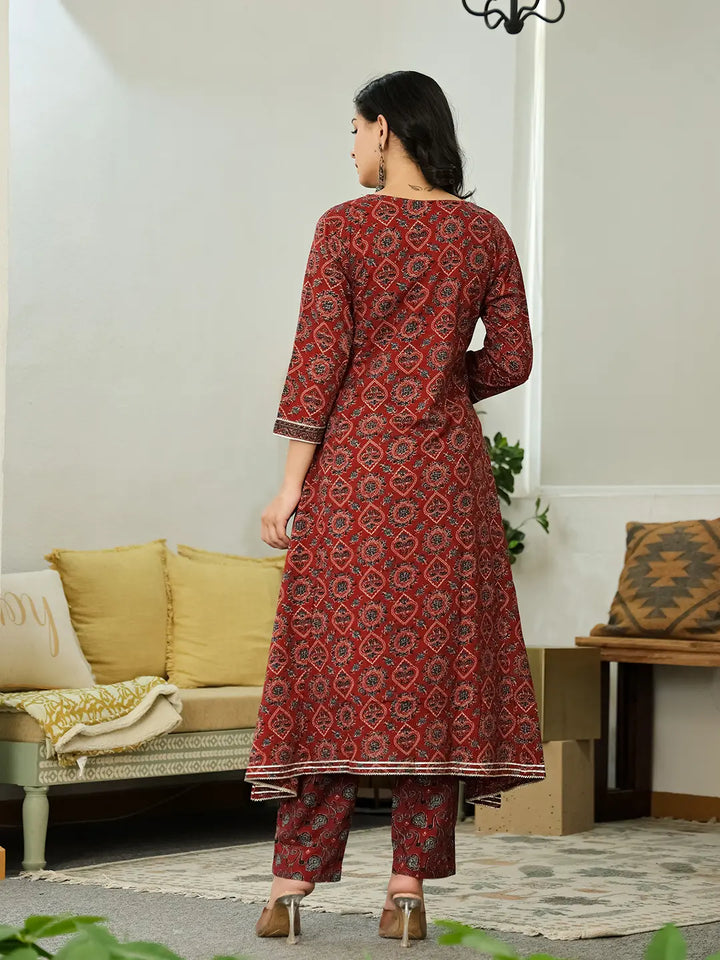 Maroon Ethnic Motifs A-Line Kurta Trouser Dupatta Set With Bucket Neck-Yufta Store-6273SKDMRM