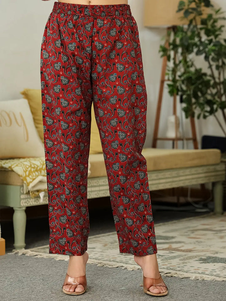 Maroon Ethnic Motifs A-Line Kurta Trouser Dupatta Set With Bucket Neck-Yufta Store-6273SKDMRM