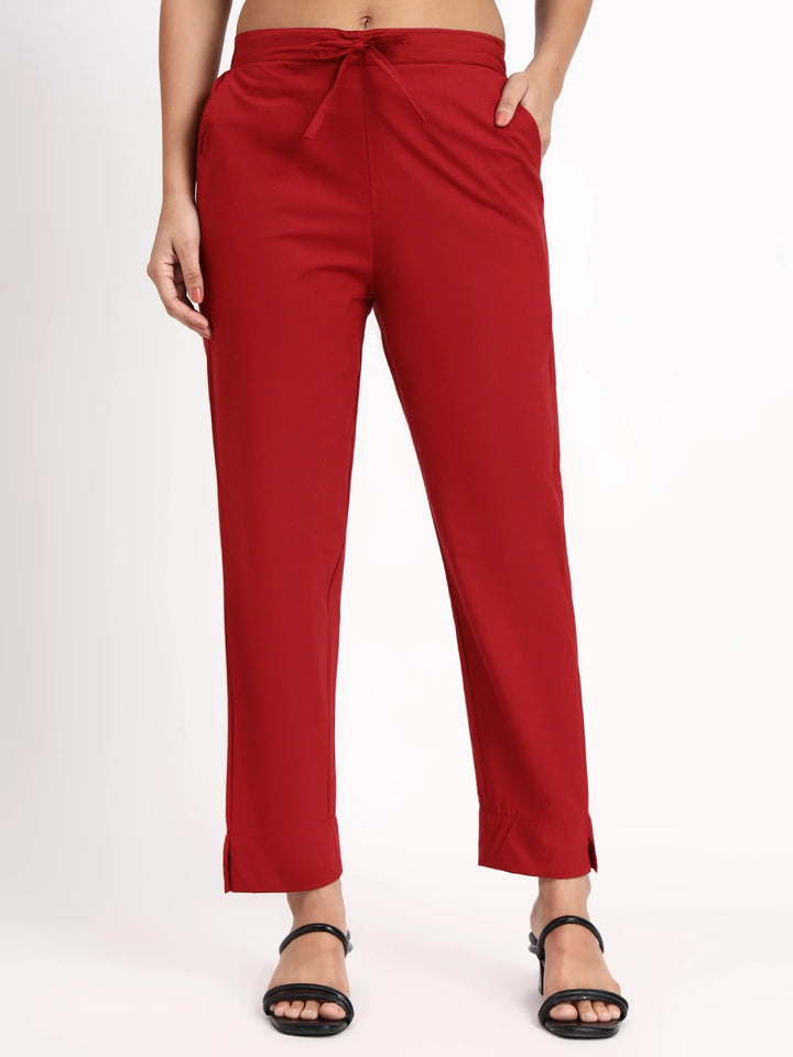 Maroon Mid-Rise Ankle-Length Regular Fit Poplin Pants