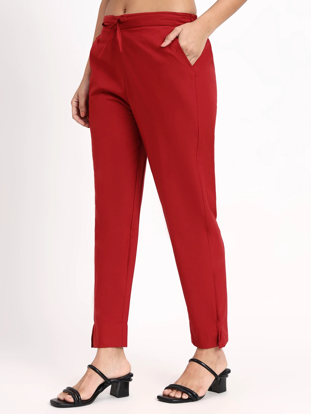 Maroon Mid-Rise Ankle-Length Regular Fit Poplin Pants