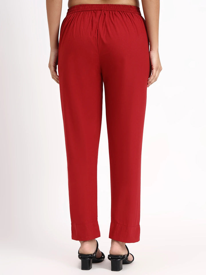 Maroon Mid-Rise Ankle-Length Regular Fit Poplin Pants