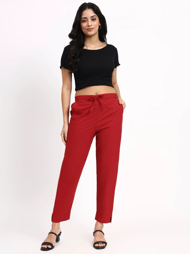 Maroon Mid-Rise Ankle-Length Regular Fit Poplin Pants