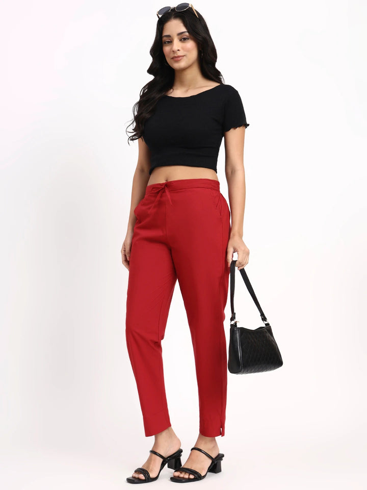 Maroon Mid-Rise Ankle-Length Regular Fit Poplin Pants