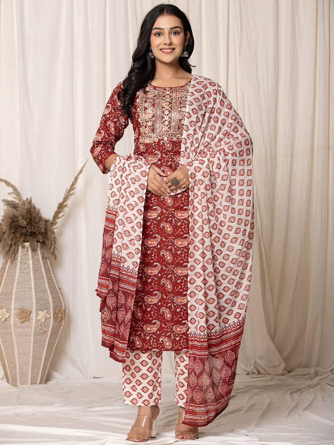 Maroon Paisley Pure Cotton Straight Kurta And Trouser With Dupatta-Yufta Store-7142SKDMRS