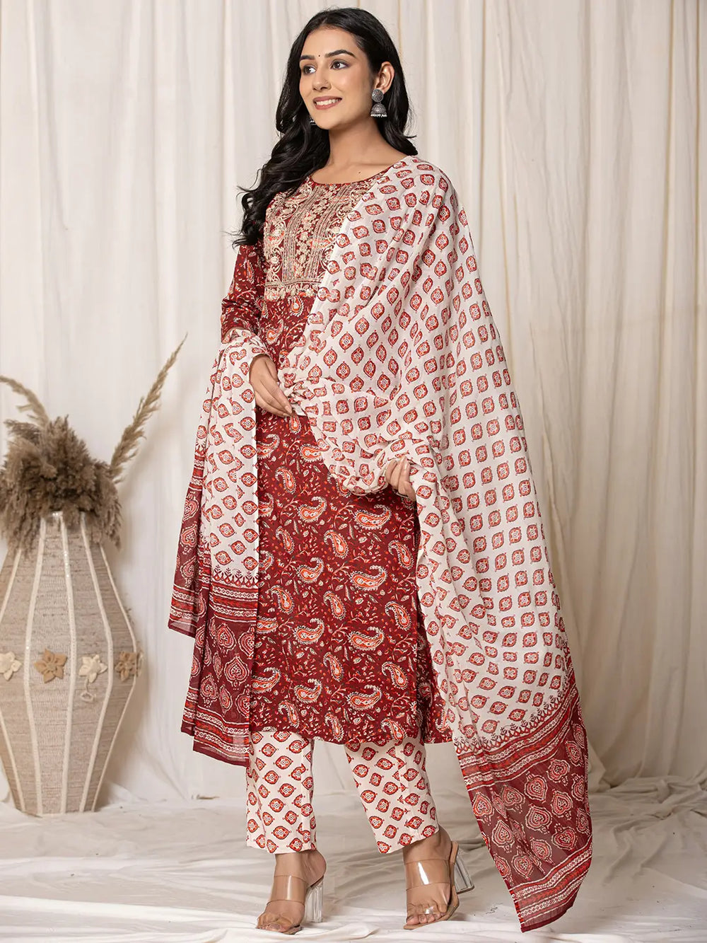 Maroon Paisley Pure Cotton Straight Kurta And Trouser With Dupatta-Yufta Store-7142SKDMRS