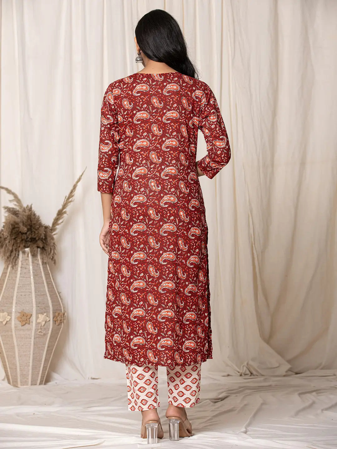 Maroon Paisley Pure Cotton Straight Kurta And Trouser With Dupatta-Yufta Store-7142SKDMRS