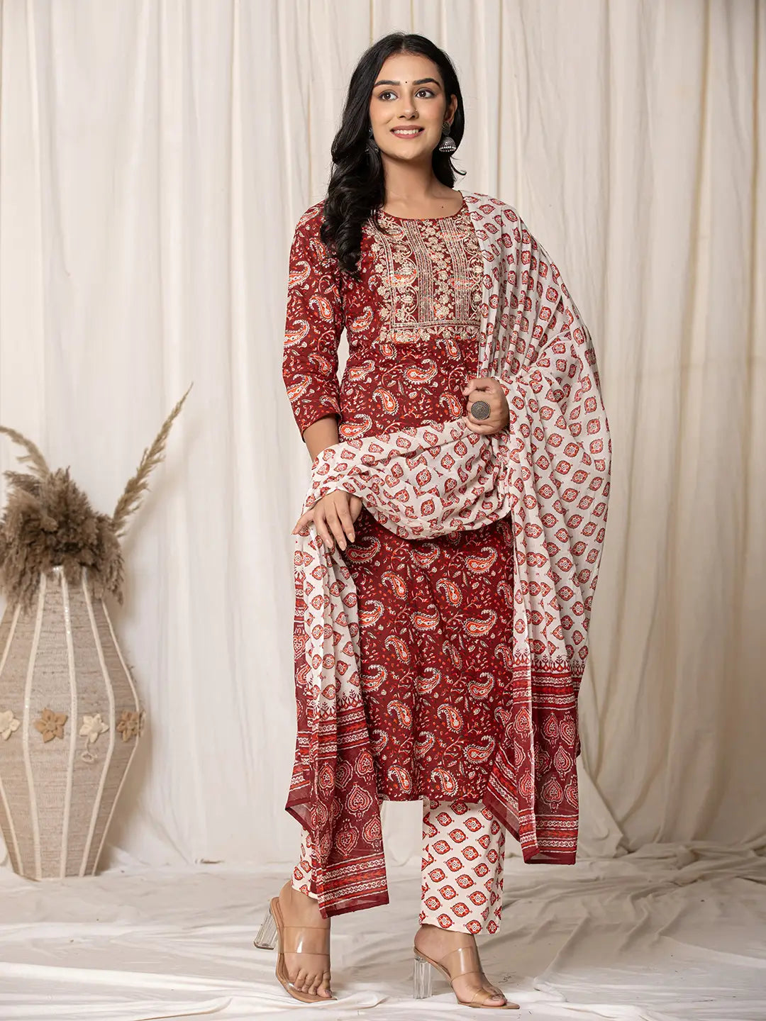 Maroon Paisley Pure Cotton Straight Kurta And Trouser With Dupatta-Yufta Store-7142SKDMRS