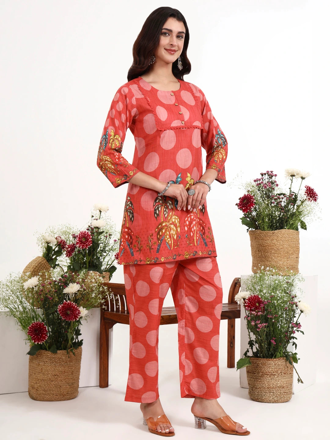 Maroon Polka Dot Printed Cotton Co-Ord Set-Yufta Store-7495CRDMRM