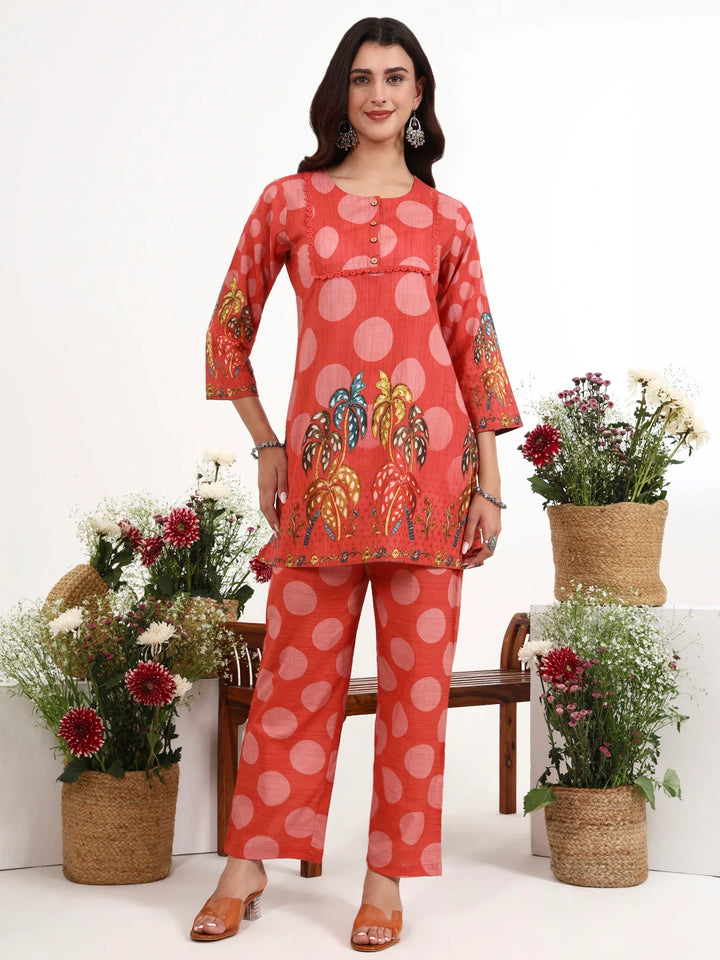 Maroon Polka Dot Printed Cotton Co-Ord Set-Yufta Store-7495CRDMRM
