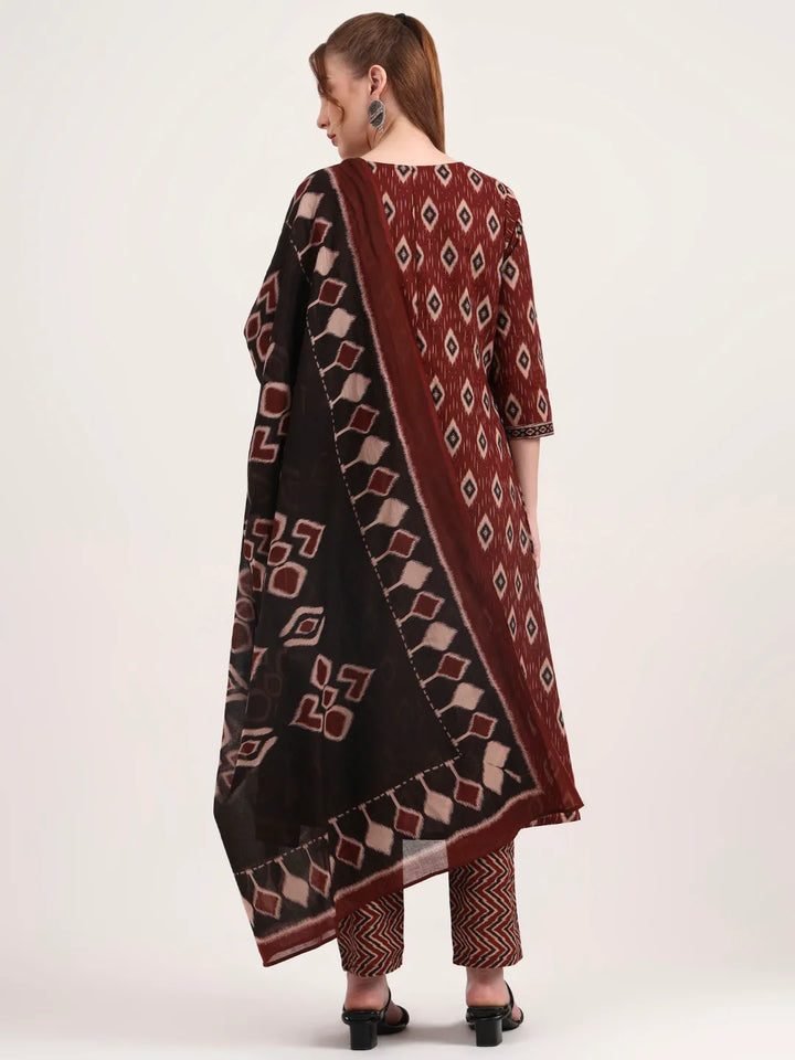 Maroon Pure Cotton Ethnic Print A-Line Kurta Trouser Dupatta Set