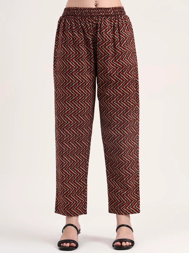 Maroon Pure Cotton Ethnic Print A-Line Kurta Trouser Dupatta Set