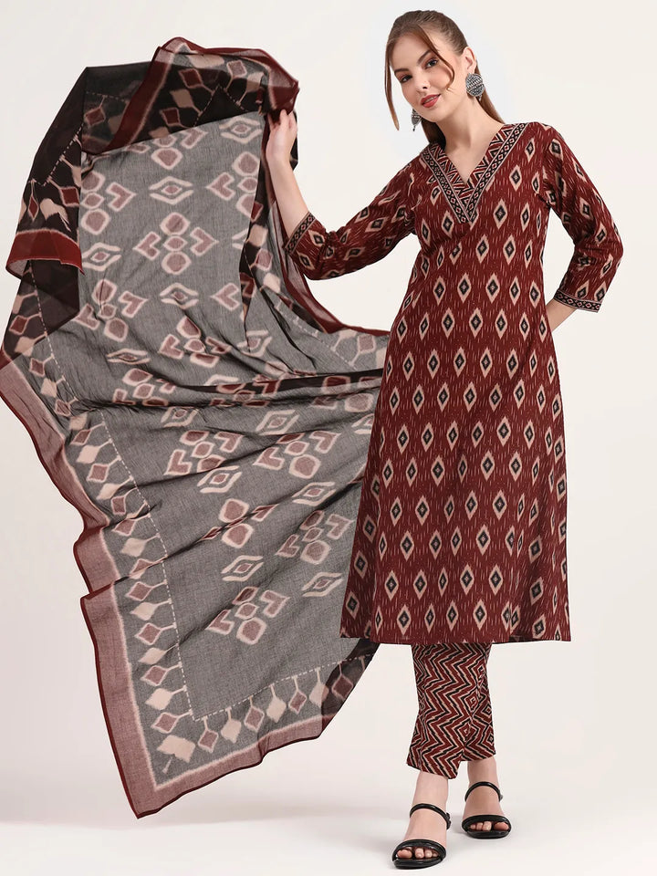 Maroon Pure Cotton Ethnic Print A-Line Kurta Trouser Dupatta Set