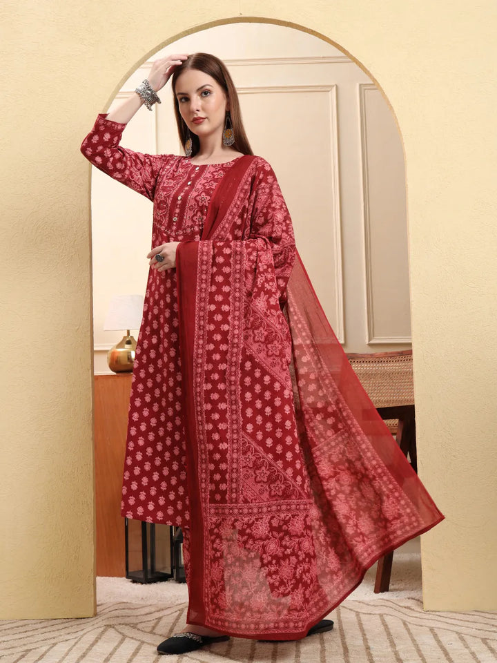 Maroon Pure Cotton Floral Sequins Work A-Line Kurta Trouser Dupatta Set-Yufta Store-6591SKDMRM