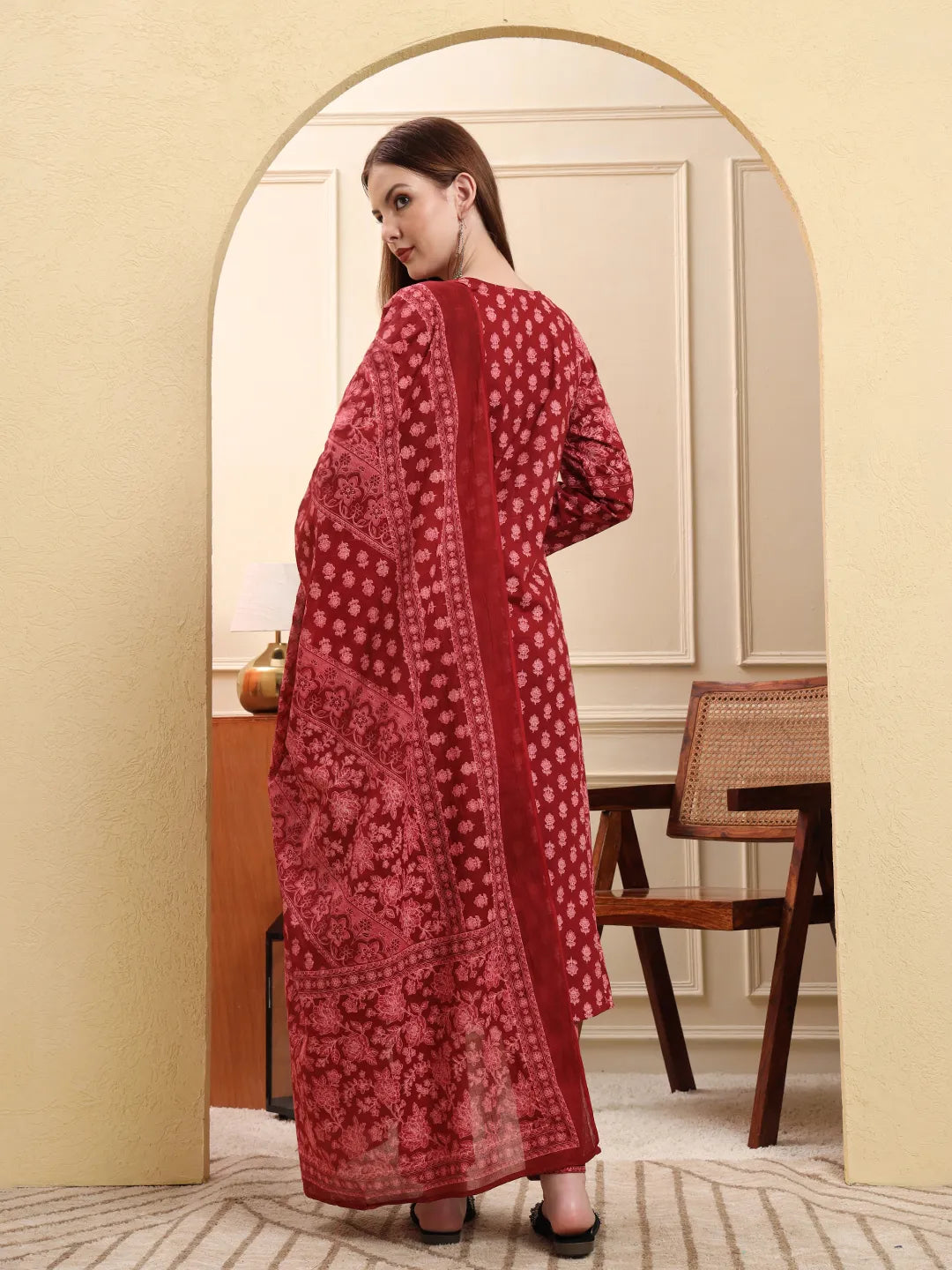 Maroon Pure Cotton Floral Sequins Work A-Line Kurta Trouser Dupatta Set-Yufta Store-6591SKDMRM