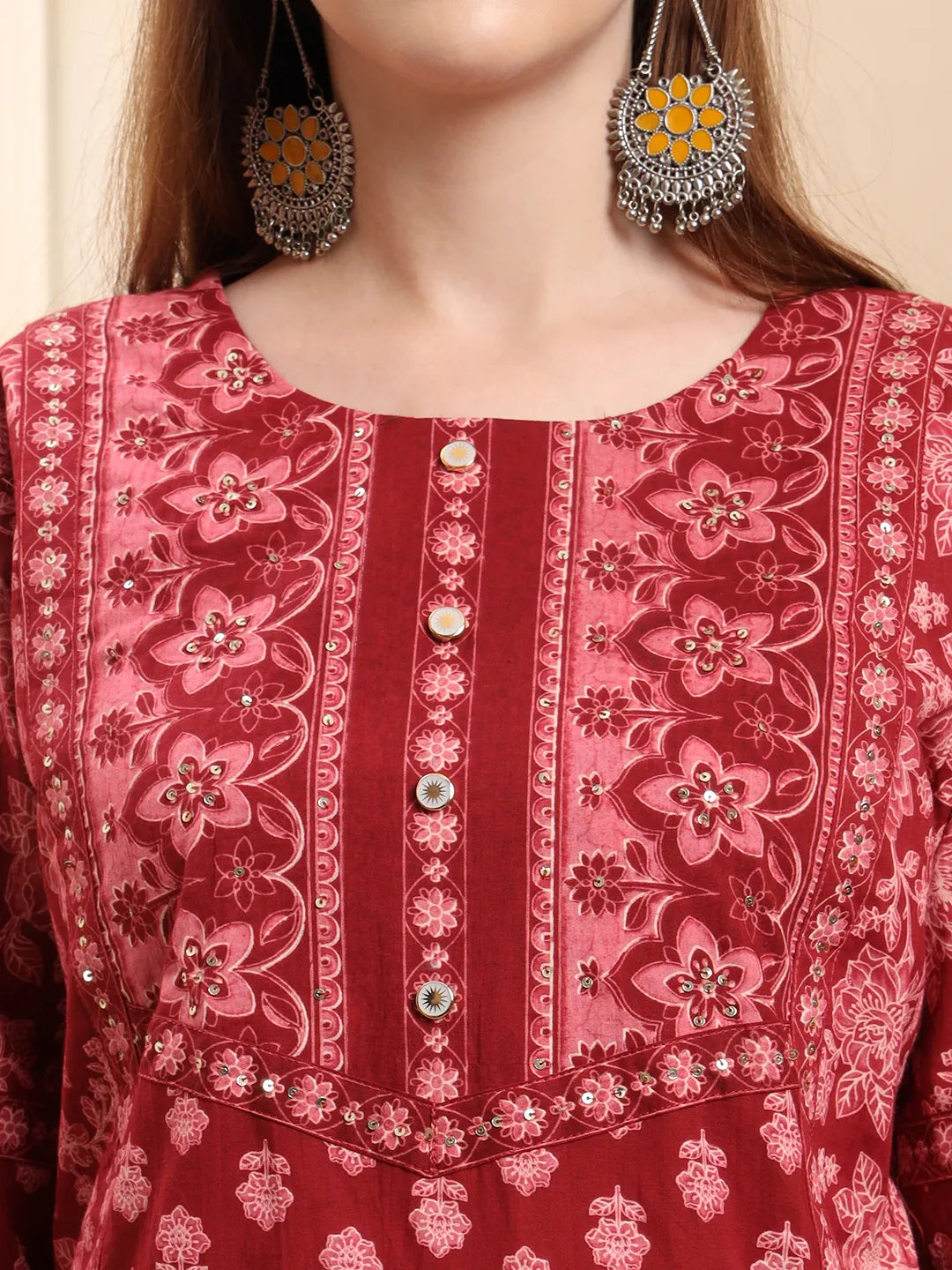 Maroon Pure Cotton Floral Sequins Work A-Line Kurta Trouser Dupatta Set-Yufta Store-6591SKDMRM