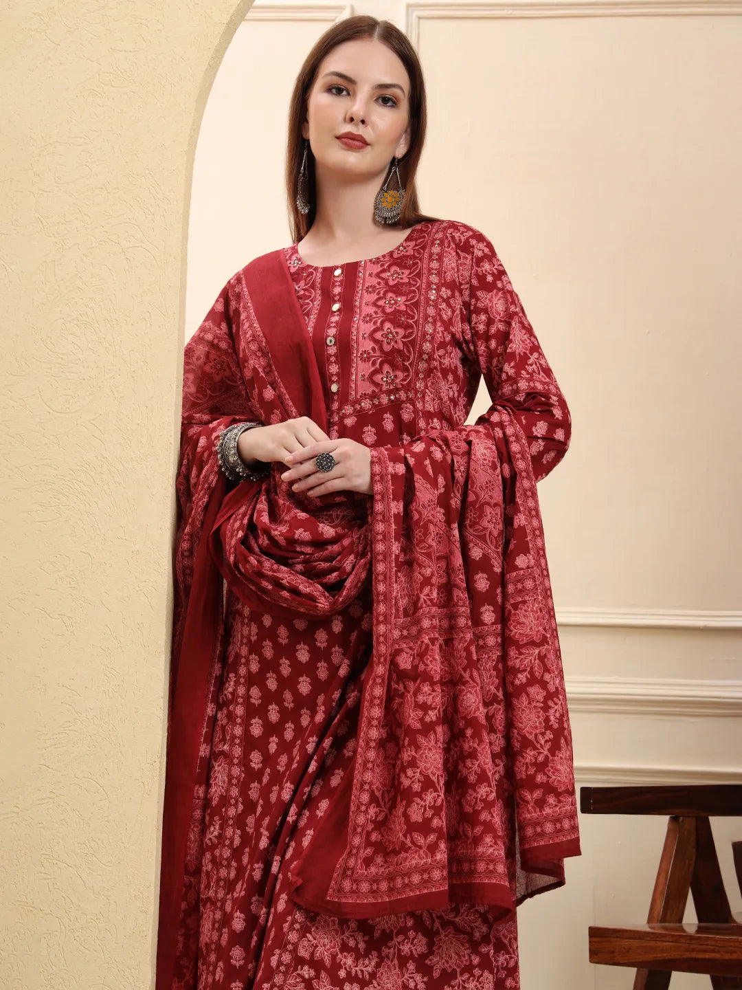 Maroon Pure Cotton Floral Sequins Work A-Line Kurta Trouser Dupatta Set-Yufta Store-6591SKDMRM