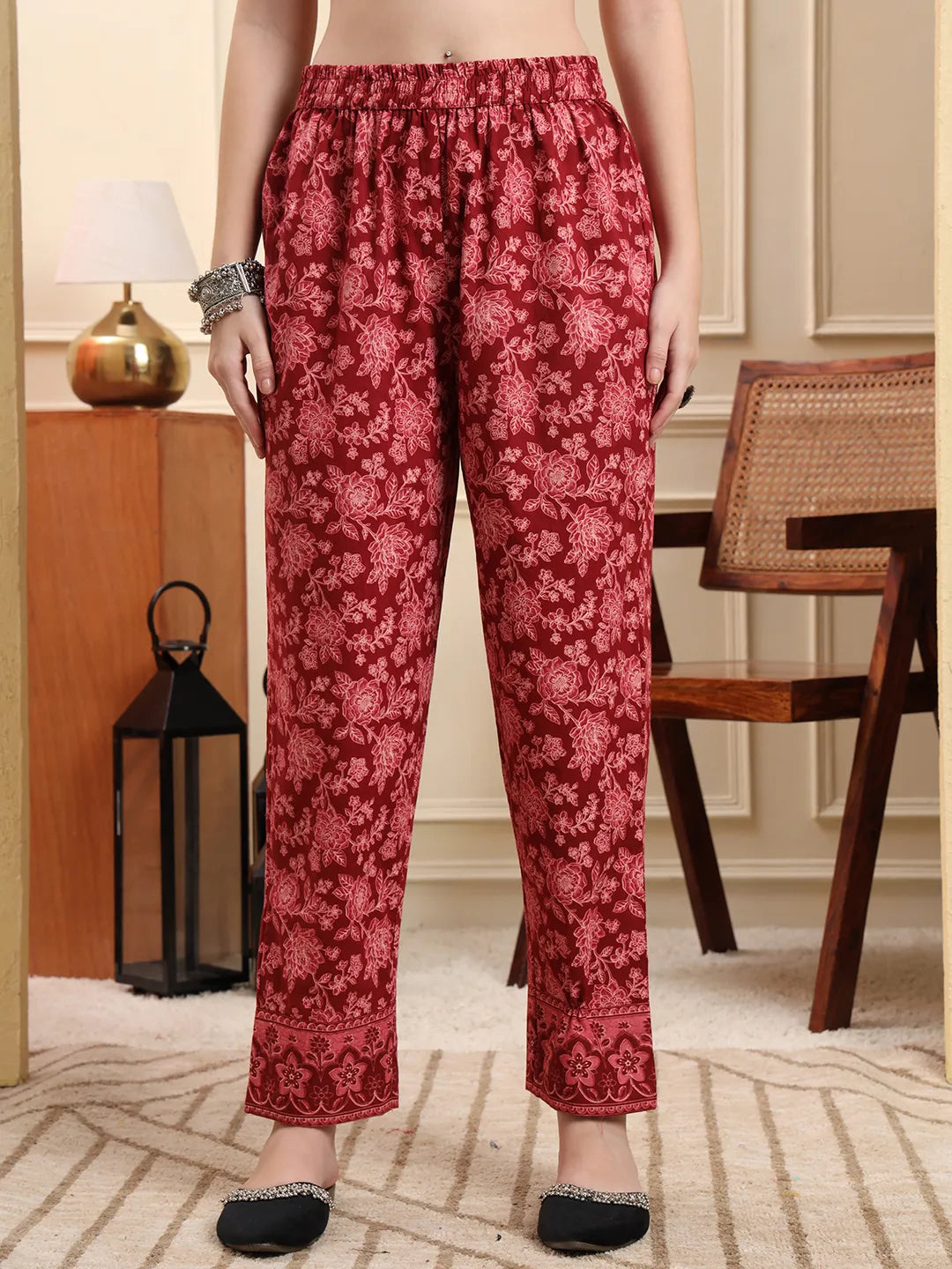 Maroon Pure Cotton Floral Sequins Work A-Line Kurta Trouser Dupatta Set-Yufta Store-6591SKDMRM