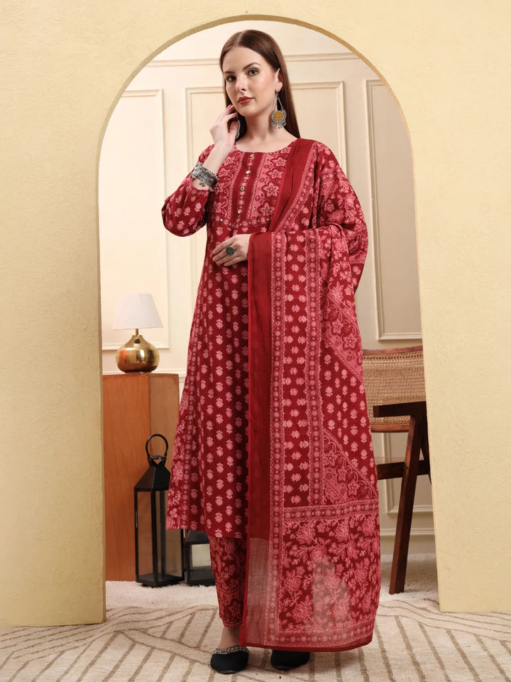 Maroon Pure Cotton Floral Sequins Work A-Line Kurta Trouser Dupatta Set-Yufta Store-6591SKDMRM