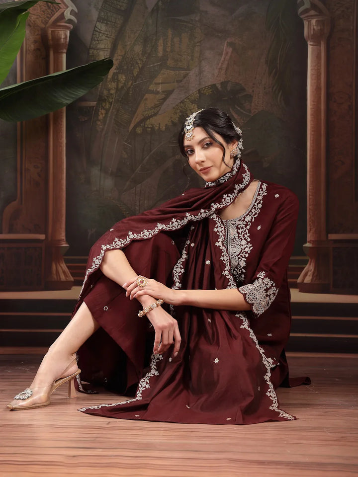 Maroon Silk Blend Kurta Dupatta Palazzo Set