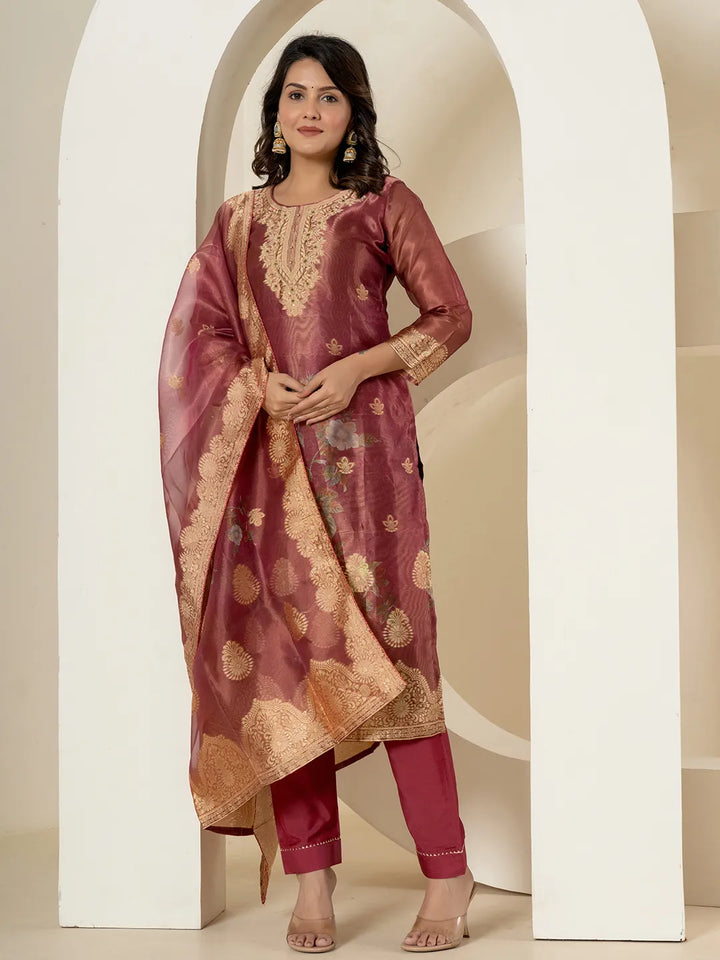 Maroon Tissue Kurta Dupatta Pant Set-Yufta Store-7214SKDMRM