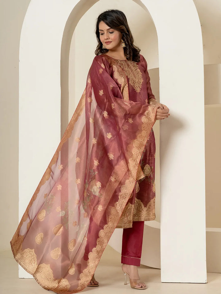 Maroon Tissue Kurta Dupatta Pant Set-Yufta Store-7214SKDMRM