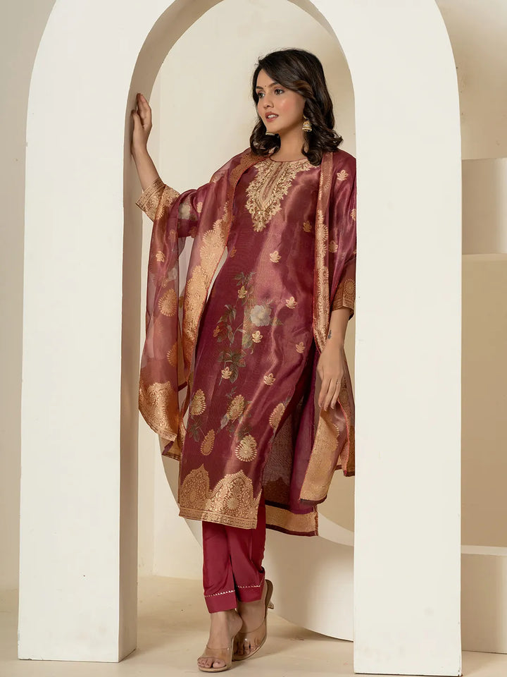 Maroon Tissue Kurta Dupatta Pant Set-Yufta Store-7214SKDMRM