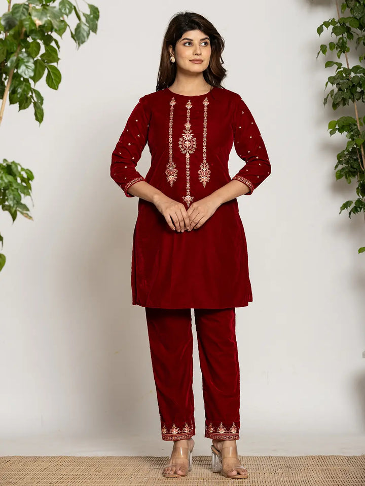 Maroon Velvet Embroidered Co-Ord Set With Cotton Lining-Yufta Store-7160CRDMRS