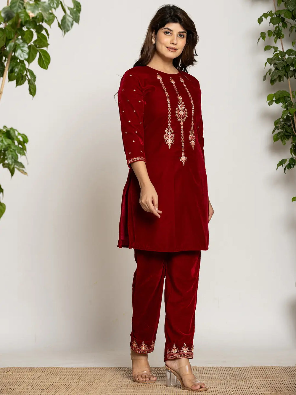 Maroon Velvet Embroidered Co-Ord Set With Cotton Lining-Yufta Store-7160CRDMRS