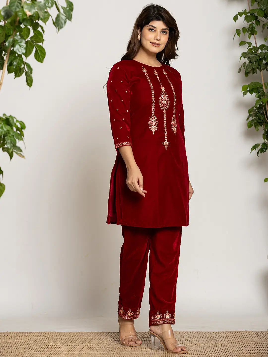 Maroon Velvet Embroidered Co-Ord Set With Cotton Lining-Yufta Store-7160CRDMRS