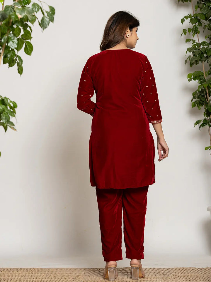 Maroon Velvet Embroidered Co-Ord Set With Cotton Lining-Yufta Store-7160CRDMRS