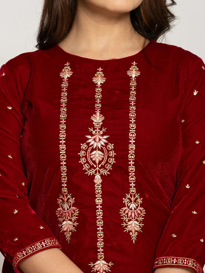 Maroon Velvet Embroidered Co-Ord Set With Cotton Lining-Yufta Store-7160CRDMRS