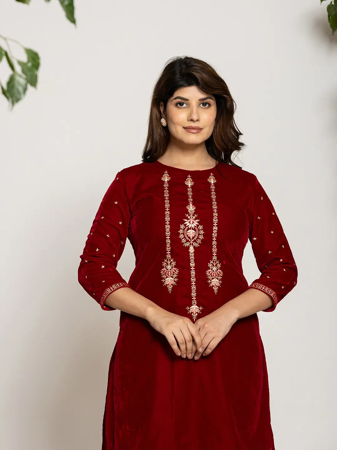 Maroon Velvet Embroidered Co-Ord Set With Cotton Lining-Yufta Store-7160CRDMRS