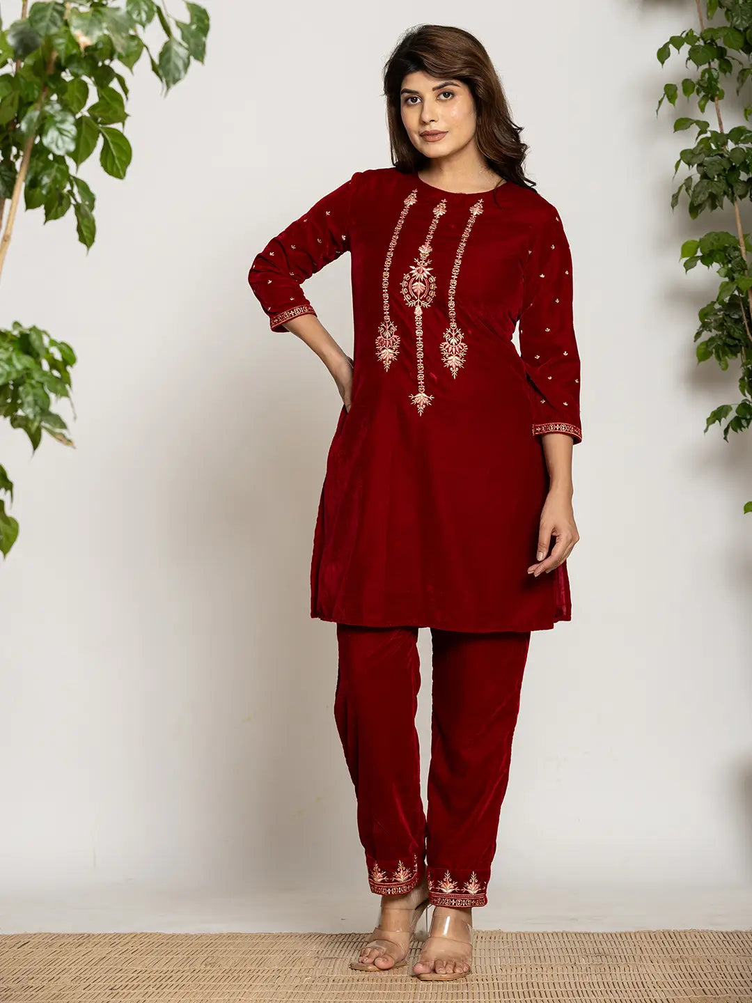 Maroon Velvet Embroidered Co-Ord Set With Cotton Lining-Yufta Store-7160CRDMRS