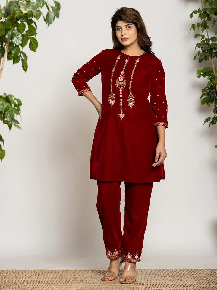 Maroon Velvet Embroidered Co-Ord Set With Cotton Lining-Yufta Store-7160CRDMRS